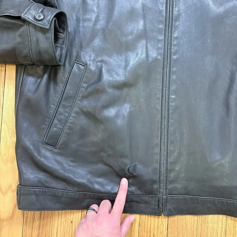 Polo Ralph Lauren Leather Jacket Men’s Size L Zip Front Plaid Lined *Flaw Read - Picture 7 of 16